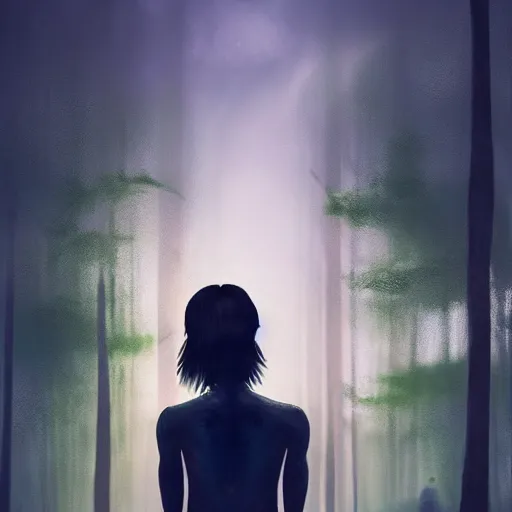 Prompt: green fairy, girl, with short black hair, thin body, in a dark forest, back view, Silhouette, far distance, with white and green wings, Night, Cinematic Composition, Dark Cinematic Lighting, Atmospheric , In style of WLOP, epic composition, Artstation trending, Digital art