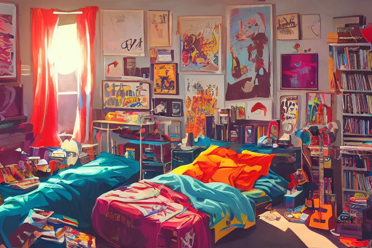 Prompt: a room of an american teen, graffiti and posters on the wall, bed, guitar, bookshelves, toys, bright, 8 0 s style, nostalgic, the sun shines in, warm, cozy, isometric art, bright, artstation, highly detailed, cinematic lighting + masterpiece