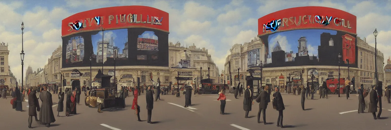 Prompt: piccadilly circus london painting magritte