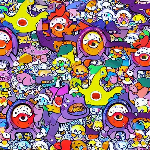 Image similar to a colourful dinosaur pattern with tyrannosaurus rex, spinosaurus, mosasaurus and velociraptor in the style of takashi murakami, anime, fine detail, digital art, high resolution