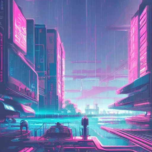 Image similar to beautiful japanese cyberpunk futuristic landscape painting, teal and pink, by tuomas korpi, dan mumford, trending on artstation