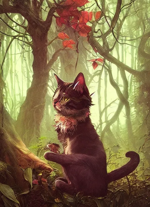 Prompt: a hyper realistic cat witch in the woods gorgeous lighting, lush forest foliage painting by chiara bautista and beksinski and norman rockwell and greg rutkowski weta studio, and lucasfilm