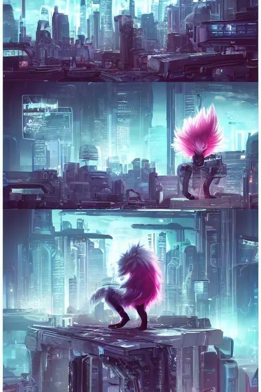 Image similar to a cyberpunk anthropomorphic fox with a fluffy tail staring over a futuristic city from the top of a roof, comic art, trending on furaffinity, cyberpunk, backlighting, cartoon