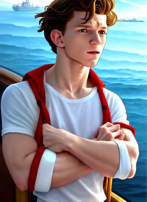 Prompt: cute tom holland wearing white sailor outfit on a steam boat, natural lighting, path traced, highly detailed, high quality, digital painting, by don bluth and ross tran and studio ghibli and alphonse mucha, artgerm