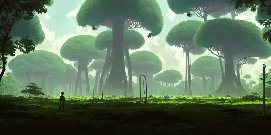 Prompt: a wholesome animation key shot of a post apocalyptic 8 0's nuclear plant surrounded by huge trees and jungle by studio ghibli, animation, sharp, rendered in unreal engine 5, focused, anime key art by greg rutkowski, bloom, dramatic lighting