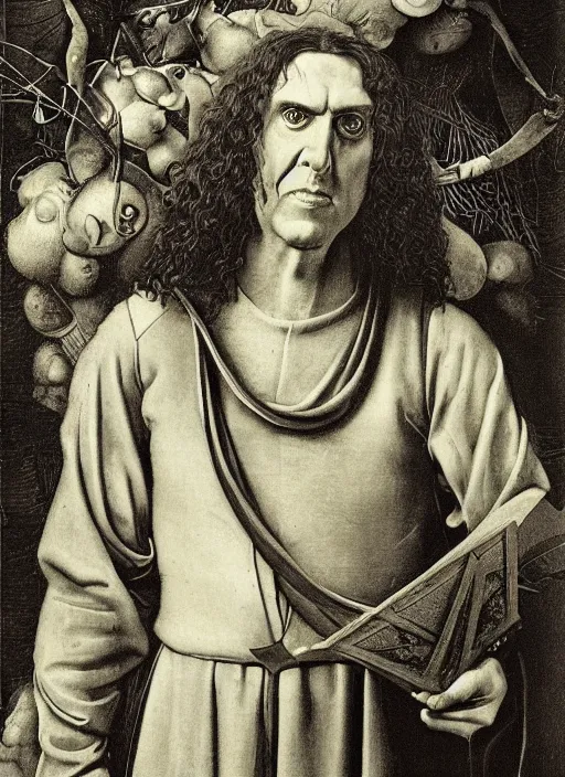 Image similar to Portrait of Weird Al Yankovic, Bruegel, Hieronymus Bosch, epic, Franklin Booth, heavily detailed, maxfield parrish, realistic lighting