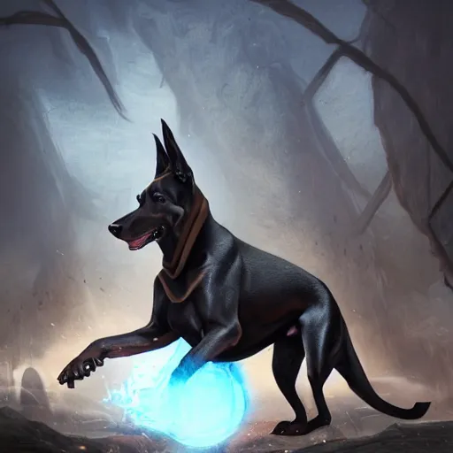 Image similar to Doberman dog, battle armour, Anthropomorphized, casting epic spell, magic the gathering artwork, D&D, fantasy, cinematic lighting, centered, symmetrical, highly detailed, digital painting, artstation, concept art, smooth, sharp focus, illustration, volumetric lighting, epic Composition, 8k, art by Akihiko Yoshida and Greg Rutkowski and Craig Mullins, heroic pose, oil painting, cgsociety, magic lab background