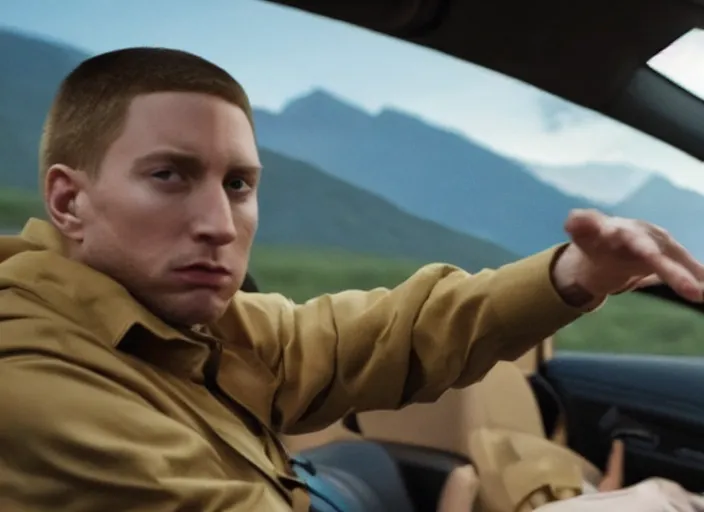 Image similar to a very high resolution image from a new movie, eminem driving a car. mountains, directed by wes anderson