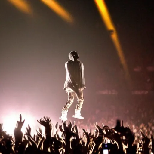Prompt: Kanye West levitating into the sky in a beam of light at the end of a concert