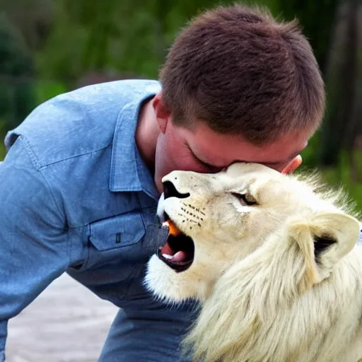 Prompt: a picture of a man kissing a white lion