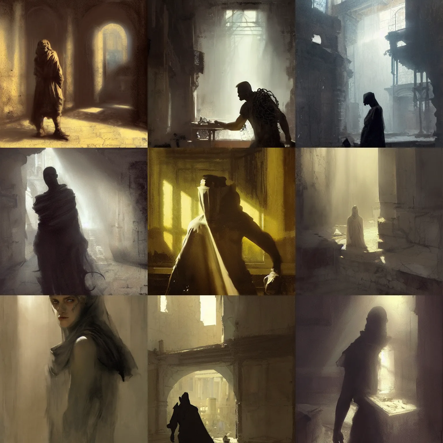 Prompt: portait of magican wearing a closed cerimonial cowl, big old book!!! chained to the wrist, by jeremy mann, by craig mullins, by caravaggio and mike mignola, face in the shadows, ruins of ancient rome at dusk, mysterious atmosphere, sunrays, high detailed, 8 k