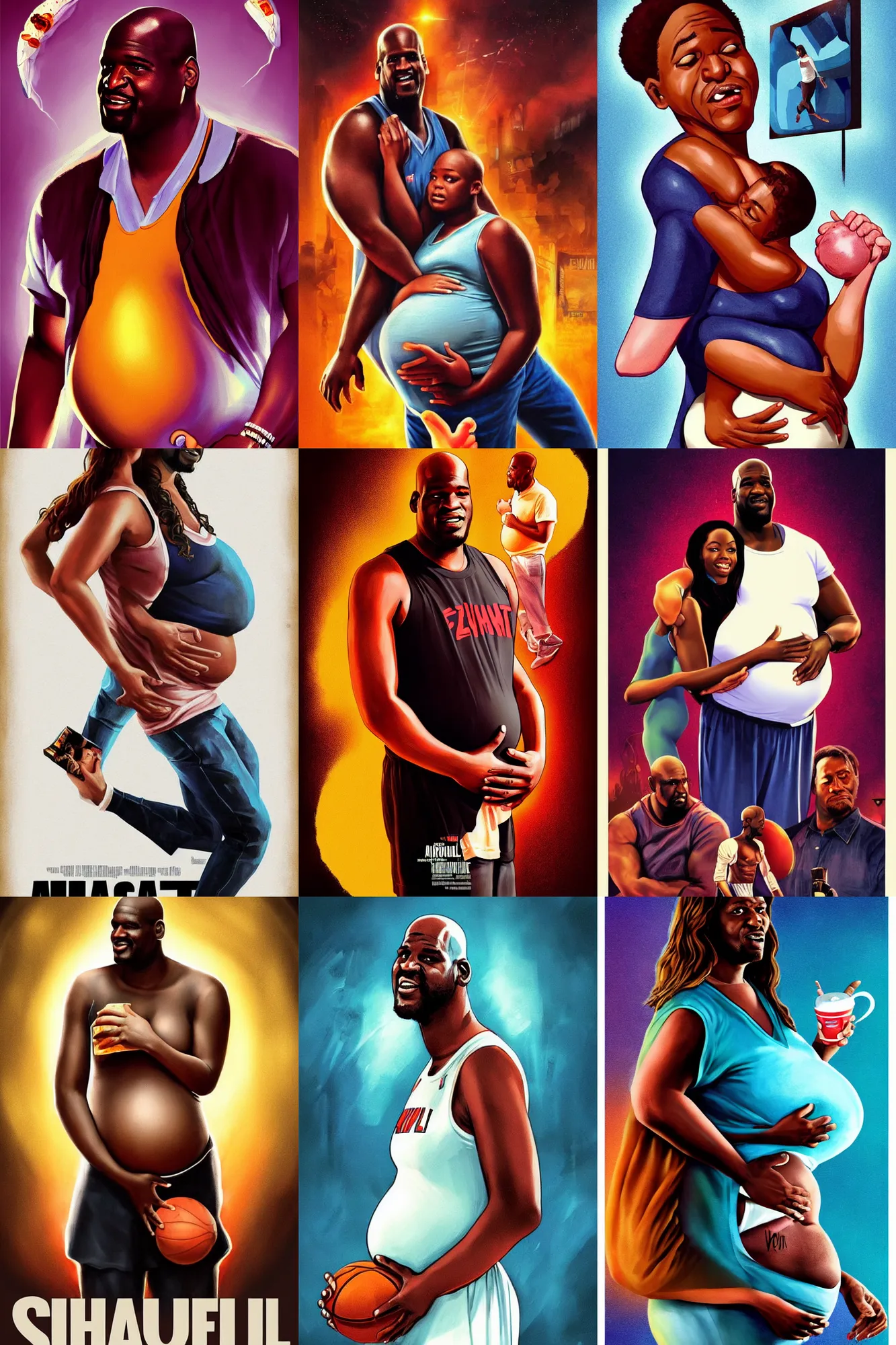 Prompt: movie poster art, shaquille o'neil pregnant holding stomach, fanart, movie promo, trending on artstation