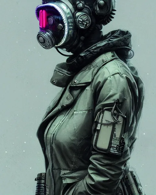 Image similar to detailed portrait neon female swat officer, cyberpunk futuristic, neon, gas mask, reflective puffy coat, decorated with traditional japanese by ismail inceoglu dragan bibin hans thoma greg rutkowski alexandros pyromallis nekro rene margitte, illustrated, perfect face, fine details, realistic shaded, fine - face, pretty face