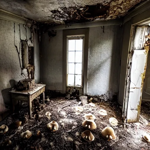 Prompt: a room in a creepy, dilapidated house filled with mushrooms and the decaying bodies of ancient warriors