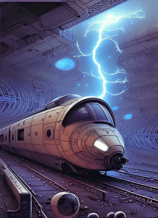 Image similar to urban train design only! 2 0 5 0 s retro future art 1 9 7 0 s science fiction borders lines decorations space machine, mech, robot. muted colors. by jean - baptiste monge, ralph mcquarrie, marc simonetti, 1 6 6 7. mandelbulb 3 d, fractal flame, jelly fish, coral, cinematic lightning