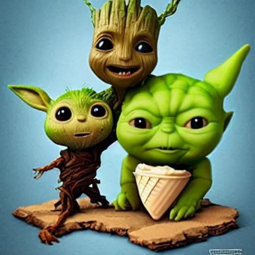 Image similar to artstation baby Groot and baby Yoda eating an ice cream together. The ice cream looks like Pikachu, very detailed, portrait, ultra realistic