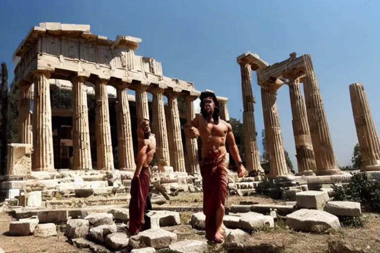 Prompt: horrible giant demons outside ancient greek temple. bollywood fantasy action movie still.