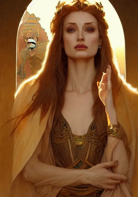 Image similar to sansa angeline jolie gessica chastain egypt mummy, intricate, elegant, highly detailed, digital painting, artstation, concept art, smooth, sharp focus, illustration, art by artgerm and greg rutkowski and alphonse mucha and william - adolphe bouguereau