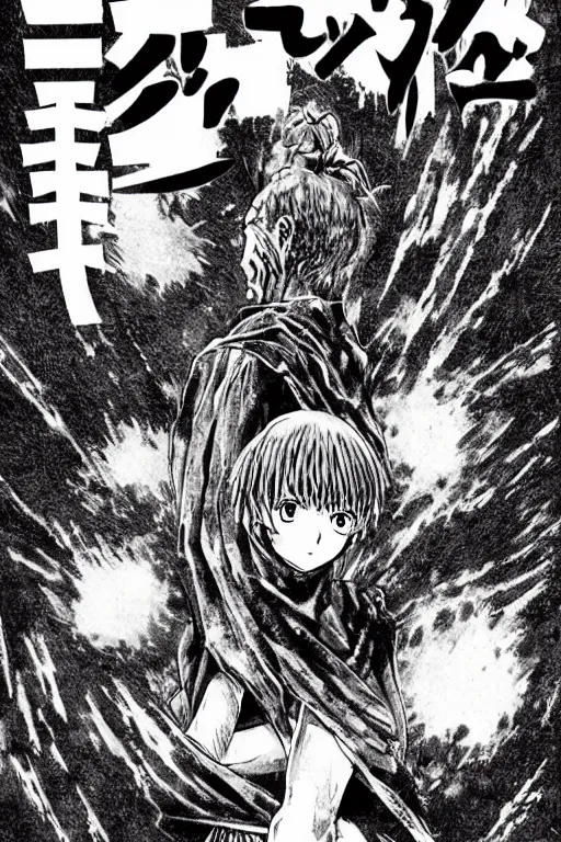 Prompt: manga cover, cover art for manga, full color, seinen manga by kentaro miura. text kanji hiragana on the cover simplistic minimalist stylized cover art, coherent professional, bladerunner style