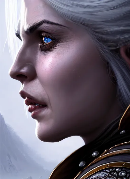 Image similar to closeup portrait shot of cirilla from the witcher 3, scar over left eye, intricate, elegant, highly detailed, centered, digital painting, artstation, concept art, smooth, sharp focus, illustration, artgerm, tomasz alen kopera, peter mohrbacher, donato giancola, joseph christian leyendecker, wlop, boris vallejo