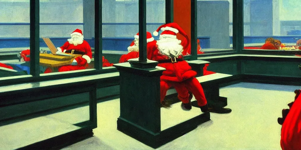 Prompt: santa claus in the painting nighthawks by edward hopper with