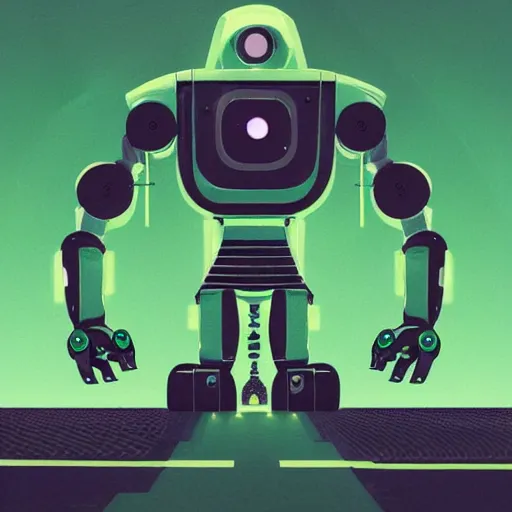 Image similar to retrofuturistic robot in style of Simon Stalenhag, green colour scheme