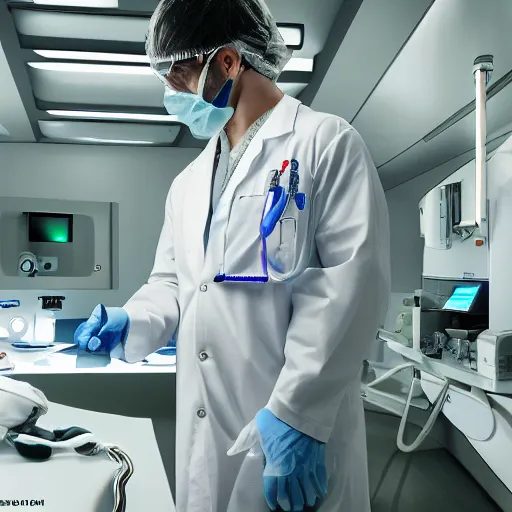 Image similar to ultra realistic and intricate detailed portrait photograph of a futuristic surgeon, standing inside futuristic operating room, full length, doctor, medicine, healthcare, technology, innovation, bright modern style, depth of field, ambient lighting, award winning, magazine cover,