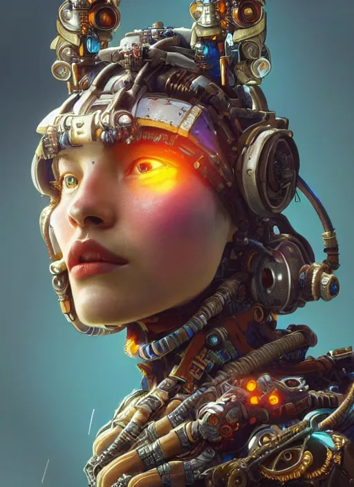 Prompt: portrait of a holy, robot steampunk, floral! horizon zero dawn machine, intricate, elegant, highly detailed, ray tracing, digital painting, artstation, concept art, smooth, sharp focus, illustration, art by artgerm and greg rutkowski and alphonse mucha, 8 k