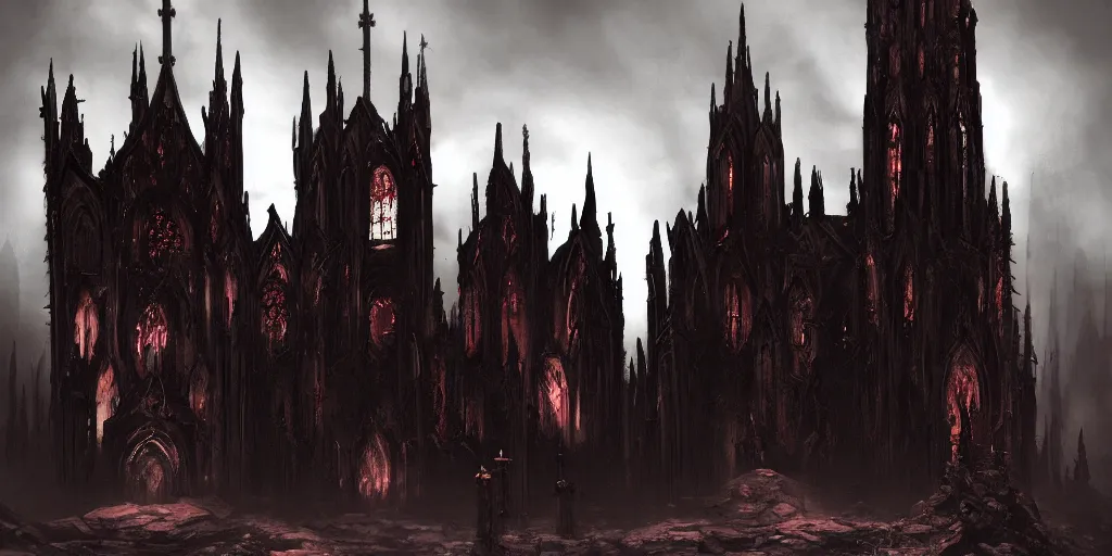 Prompt: dark gothic cathedral, gothic architecture, at the top of a red rock canyon, artstation concept art, beautiful matte painting