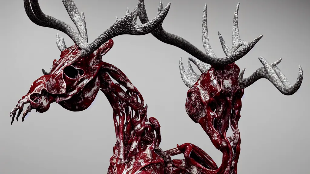 Prompt: stylized shiny polished silver statue full body bizarre extra limbs cosmic horror quadruped animal moose deer skull four legs made of marble of slug worm creature tendrils perfect symmetrical body perfect symmetrical face hyper realistic hyper detailed by johannen voss by michelangelo octane render blender 8 k displayed in pure white studio room anatomical deep red arteries veins flesh animatronic