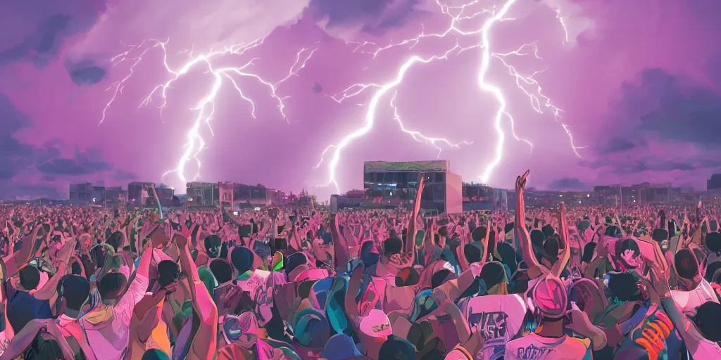 Image similar to Lightning strikes while rapper performs for huge crowd reaching up to him, digital art, vapor wave, hip hop, trending on Artstation, professional artist, detailed, 4k