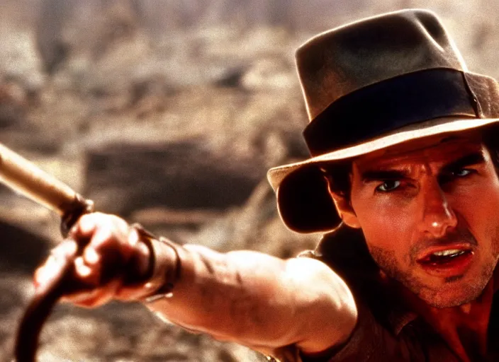 Image similar to film still of Tom Cruise as Indiana Jones in Raiders of the Lost Ark, 4k