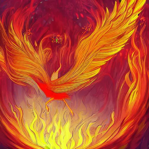 Prompt: a childrens book illustration about a faithful phoenix for a story that reads : every thousand years, a beautiful bird is born. she builds a nest of fire, to start her life anew. ( 7 ), digital art