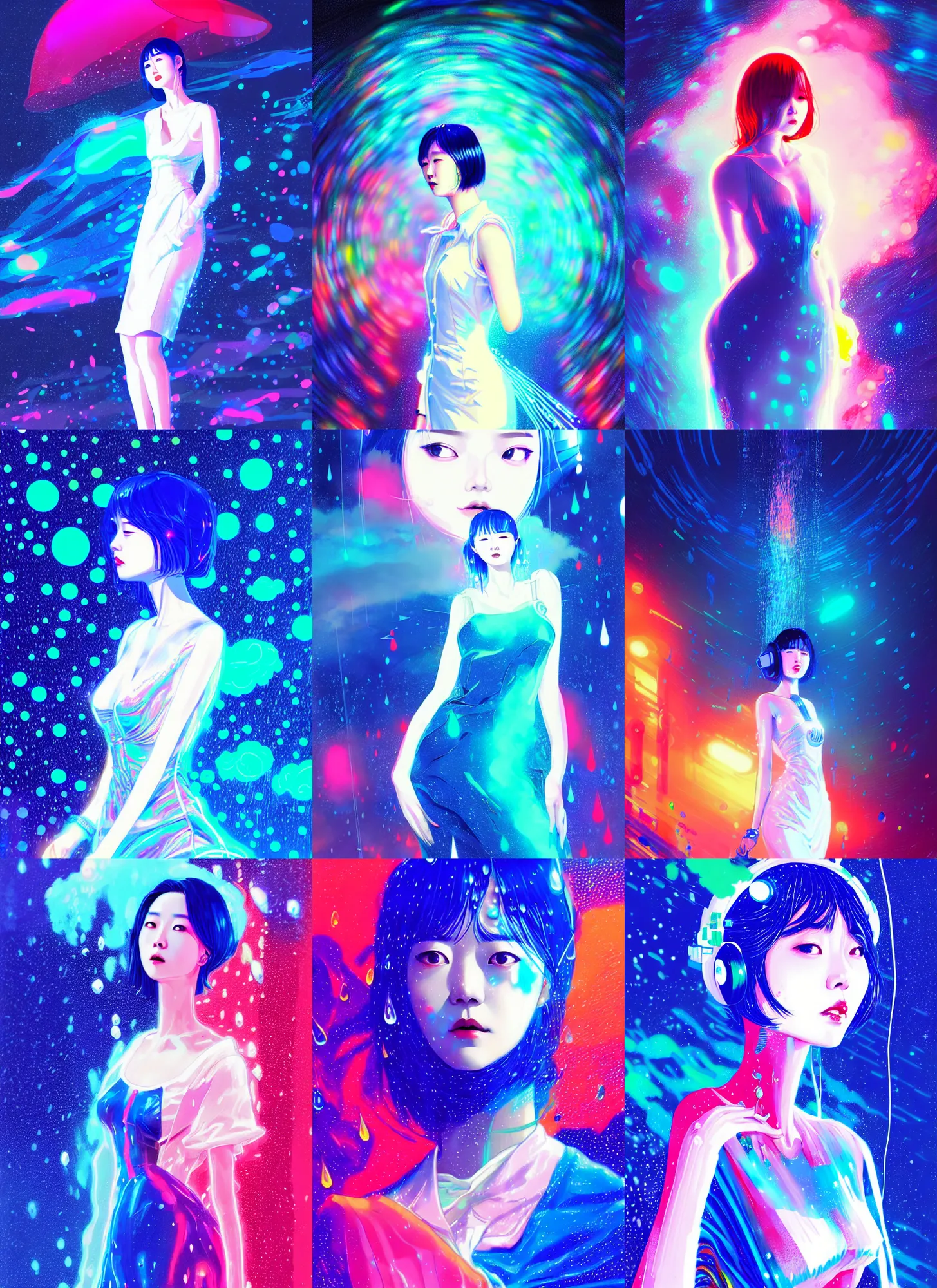 Prompt: hoyeon jung in a white and royal blue luxurious cyberpunk dress submerged in neon multicolored rain falling from cosmic clouds in interstellar deep space atmosphere, cinematic, ultra detailed, majestic, seductive, by wlop, android james, ilya kuvshinov, martine johanna