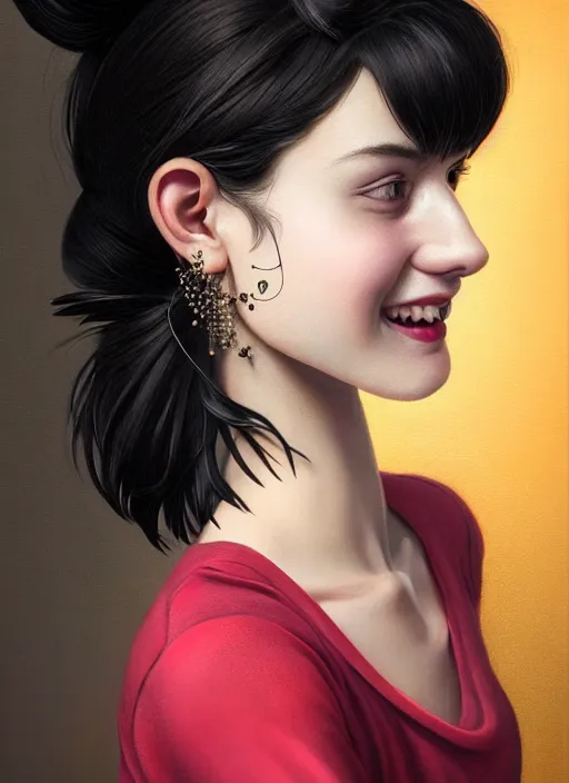 Image similar to fully body portrait of high school girl, realistic, black hair, bangs, half updo hairstyle, pointy nose, skinny, smile, ugly, defined jawline, big chin, hair bow, earrings, intricate, elegant, glowing lights, highly detailed, digital painting, artstation, sharp focus, illustration, art by wlop, mars ravelo and greg rutkowski