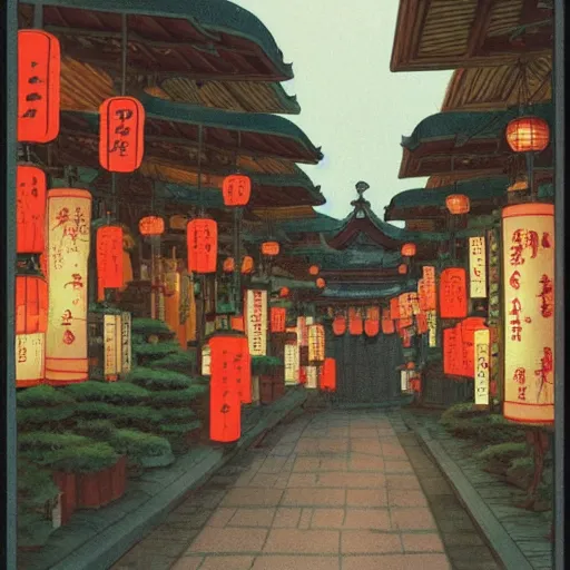 Image similar to japanese paper lantern shop on a fancy street in a japanese village during the day, lush plants, magic details, by moebius, edward hopper, james gilleard, and james jean, hd, 8 k, trending on artstation, uhd,