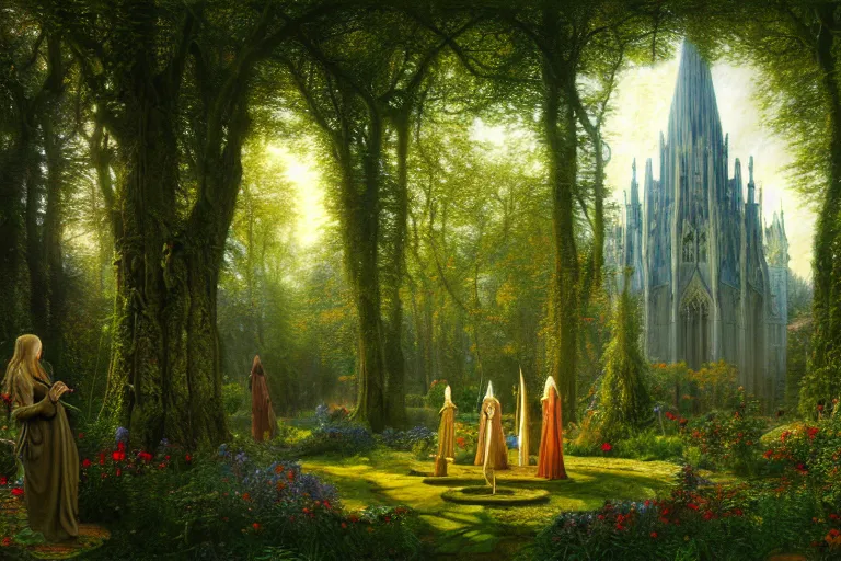 Prompt: a beautiful and highly detailed photo painting of an elven cathedral in a beautiful garden in a mystical forest, psychedelic, intricate details, cgsociety, 8 k, sharp focus, photorealism, by caspar friedrich, albert bierstadt, james gurney, brian froud,