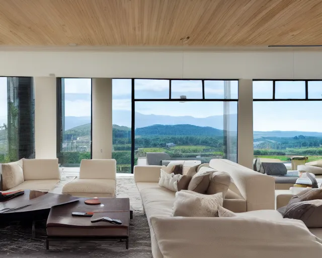 Prompt: a modern style living room in a big mansion next to a giant window overlooking the pool, 8 k resolution, sharp focus, wide lens, interior design photography, ray tracing