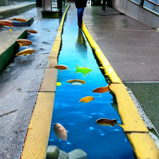 Image similar to a liquid sidewalk with a group of fish swimming inside it