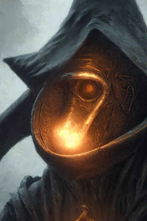 Image similar to A closeup of a Plague Doctor by Greg Rutkowski, Dan Mumford, Christophe Vacher, Bloodborne, 4k photorealistic, volumetric lighting, HD, high details, dramatic, dark atmosphere, trending on artstation