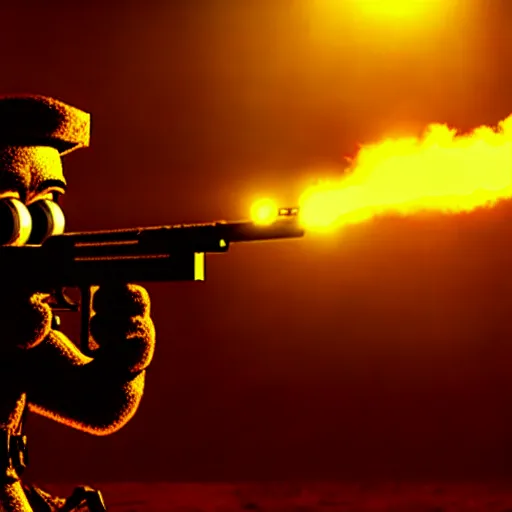 Image similar to high detail movie still of ultra realistic spongebob squarepants shooting an ak - 4 7 machine gun with muzzle flash, cinematic framing rule of thirds, cinematic light, hard shadows, in the style of the movie lone survivor,