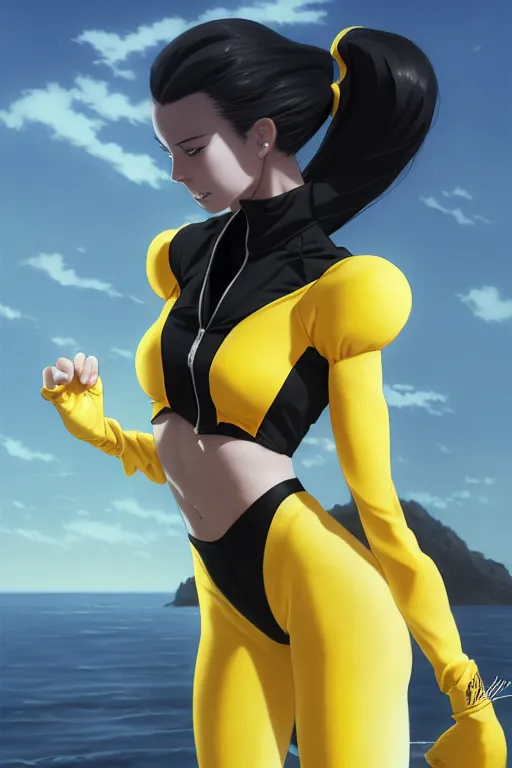 Image similar to black ponytail hair, pale woman in a black unzipped jacket and yellow bikini, yellow eyes, by artgerm, black backdrop, masterpiece, beautiful render, matte painting, realistic, fighting pose, dynamic angle, beautiful face, young half asian woman, by greg rutkowski makoto shinkai takashi takeuchi