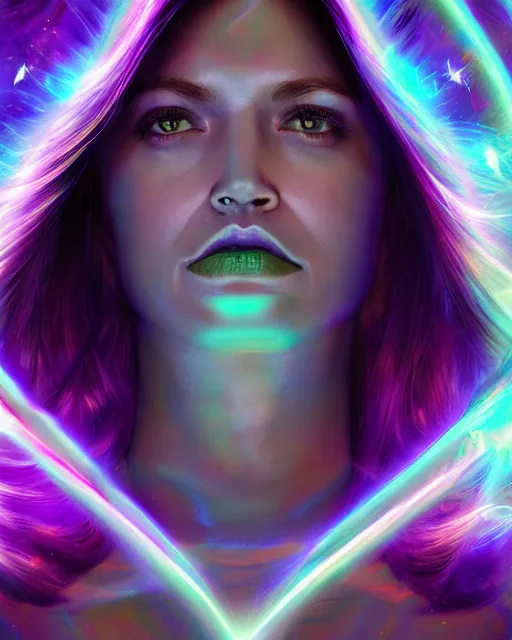 Image similar to a powerful energy psychedelic holographic matrix woman, by alexander fedosav, hyper detailed digital matte painting, concept art, hyperrealism, 1 6 k resolution, cinema 4 d, 8 k resolution, trending on artstation, behance hd, a masterpiece, by stephan martiniere, particles, cel - shaded, power bright neon energy, by david a. hardy,