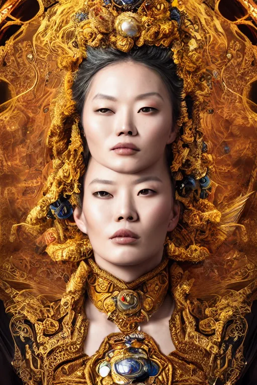 Image similar to a beautiful empress portrait, with a brilliant, impossible striking big cosmic galaxy headpiece, clothes entirely made out of cosmos chaos energy, symmetrical, dramatic studio lighting, rococo, baroque, jewels, asian, hyperrealism, closeup, D&D, fantasy, intricate, elegant, highly detailed, digital painting, artstation, octane render, 8k, concept art, matte, sharp focus, illustration, art by Artgerm and Greg Rutkowski and Alphonse Mucha