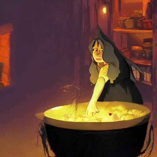 Prompt: a witch adding ingredients to her cauldron, concept art, ambient lighting lit only by the fires glow, studio Ghibli