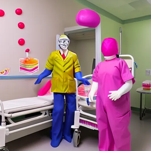 Prompt: photo of a happy patient and doctor or nurse in a medium care hospital room made out of soft candy, candy hospital equipment, candy hospital room, candy treatments, oompa loompa virus, willy wonka pandemic