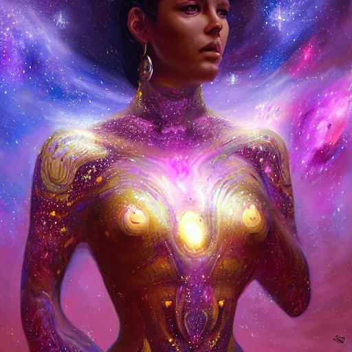 Prompt: Portrait of a cosmic goddess, suit made of stars, galaxy and nebulas, intricate, cinematic lighting, highly detailed, digital painting, artstation, concept art, smooth, sharp focus, illustration, art by Artgerm and Greg Rutkowski