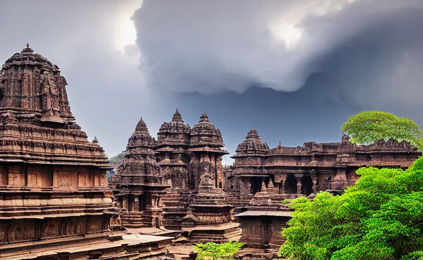 Prompt: very detailed photograph of the kailasha mandir, ellora, at magic hour. background foliage, rocks with lichen. cumulonimbus storm clouds float over