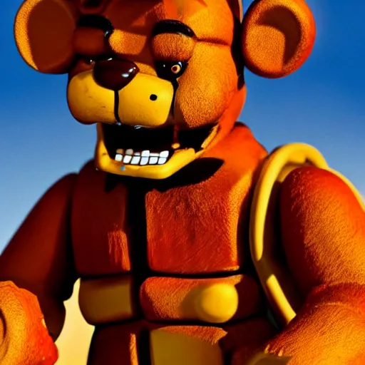 Image similar to Closeup of Freddy Fazbear in the Sahara desert, award winning Tarantino movie still, 35 mm, cinematic