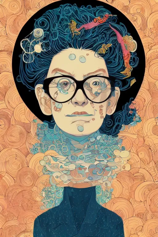 Prompt: portrait of mad lady scientist, stylized illustration by victo ngai, james jean, colorful comics style,